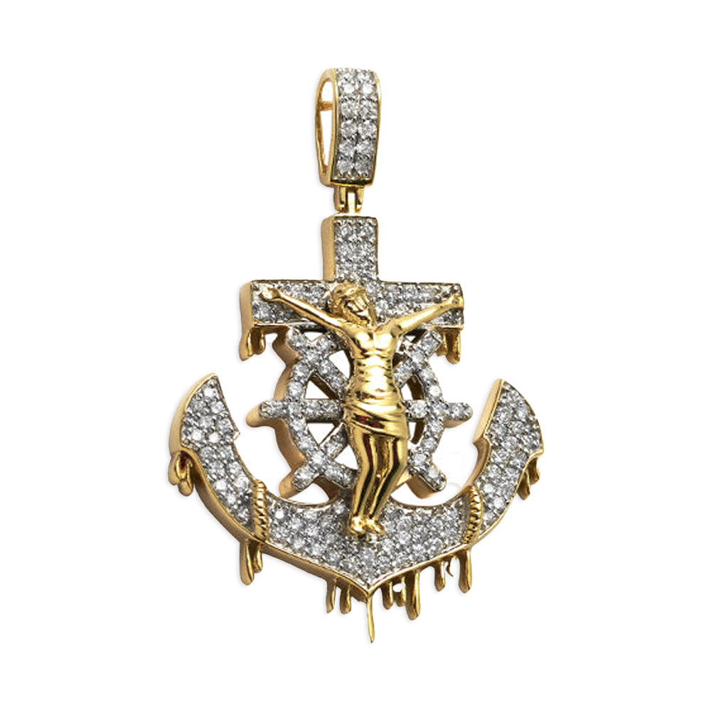 10KY 1.45CTW DRIPPING DIAMOND ANCHOR WITH CRUCIFIX