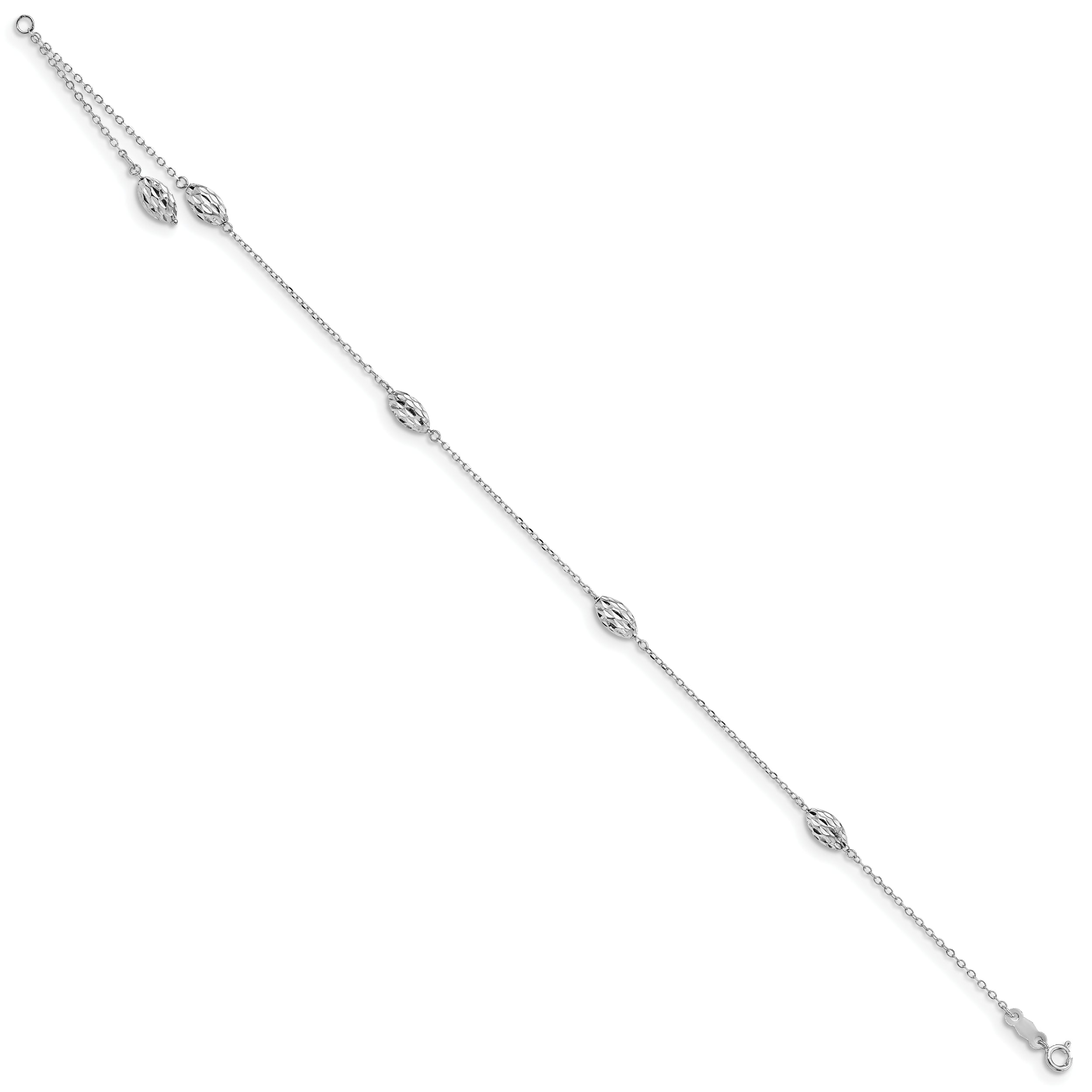 14k White Gold Puffed Rice Bead 9in Plus 1in ext. Anklet