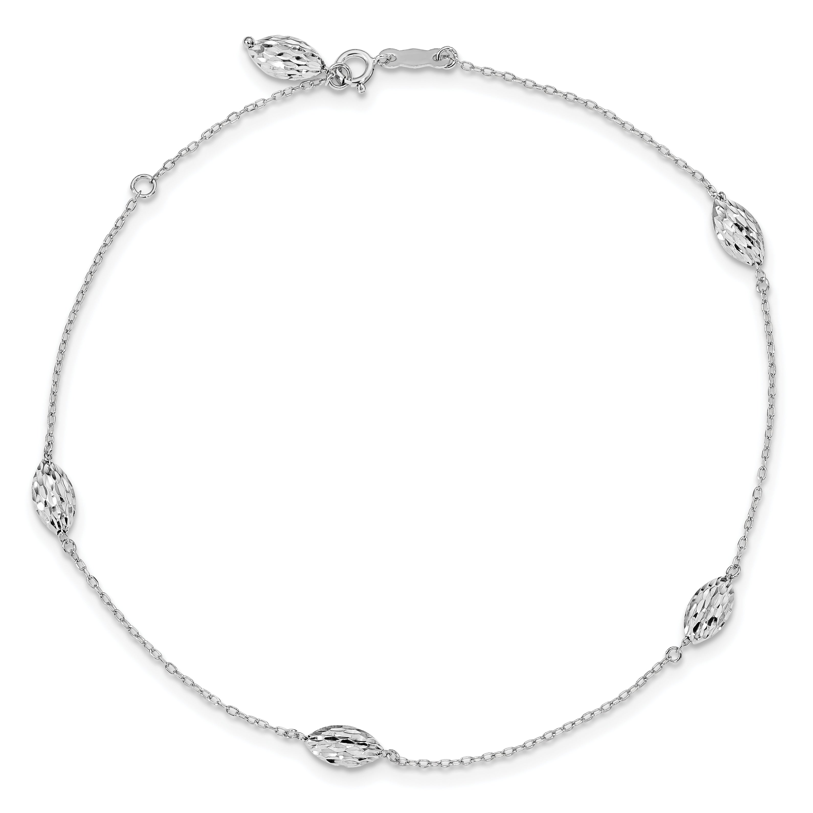 14k White Gold Puffed Rice Bead 9in Plus 1in ext. Anklet