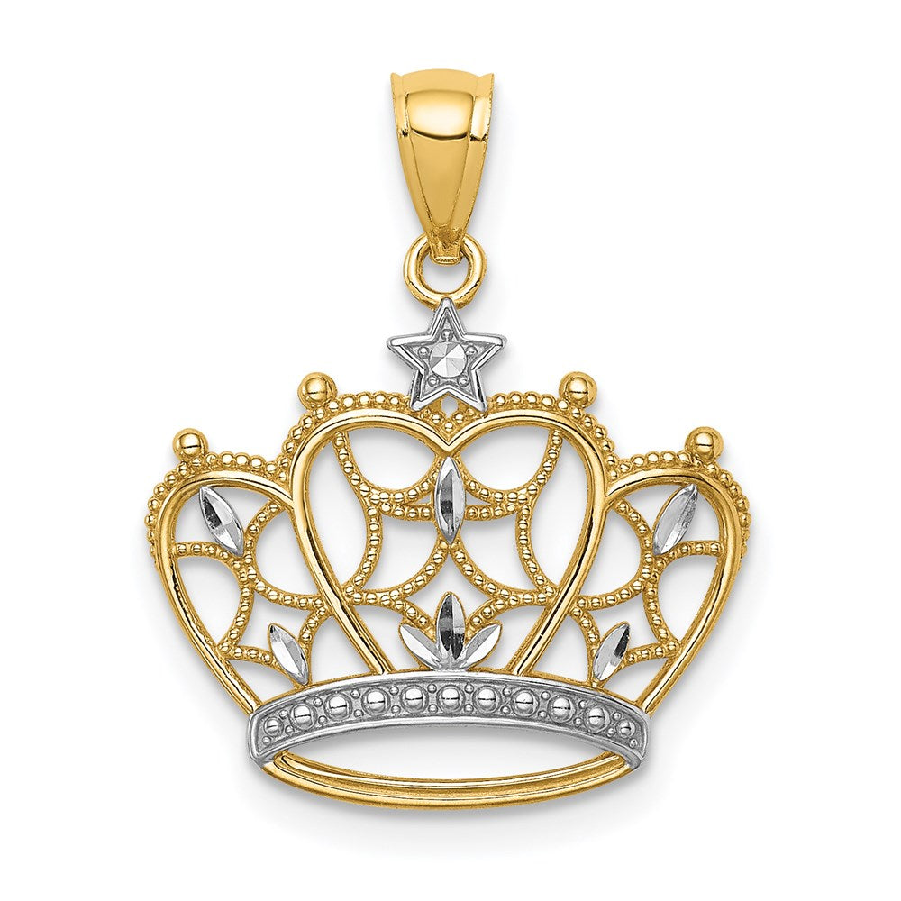 14K White Rhodium D/C Filigree Crown Pendant