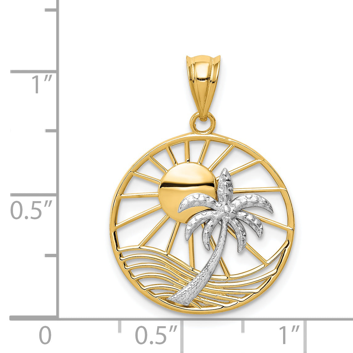 14K Two-tone Sun and Palm Tree Pendant