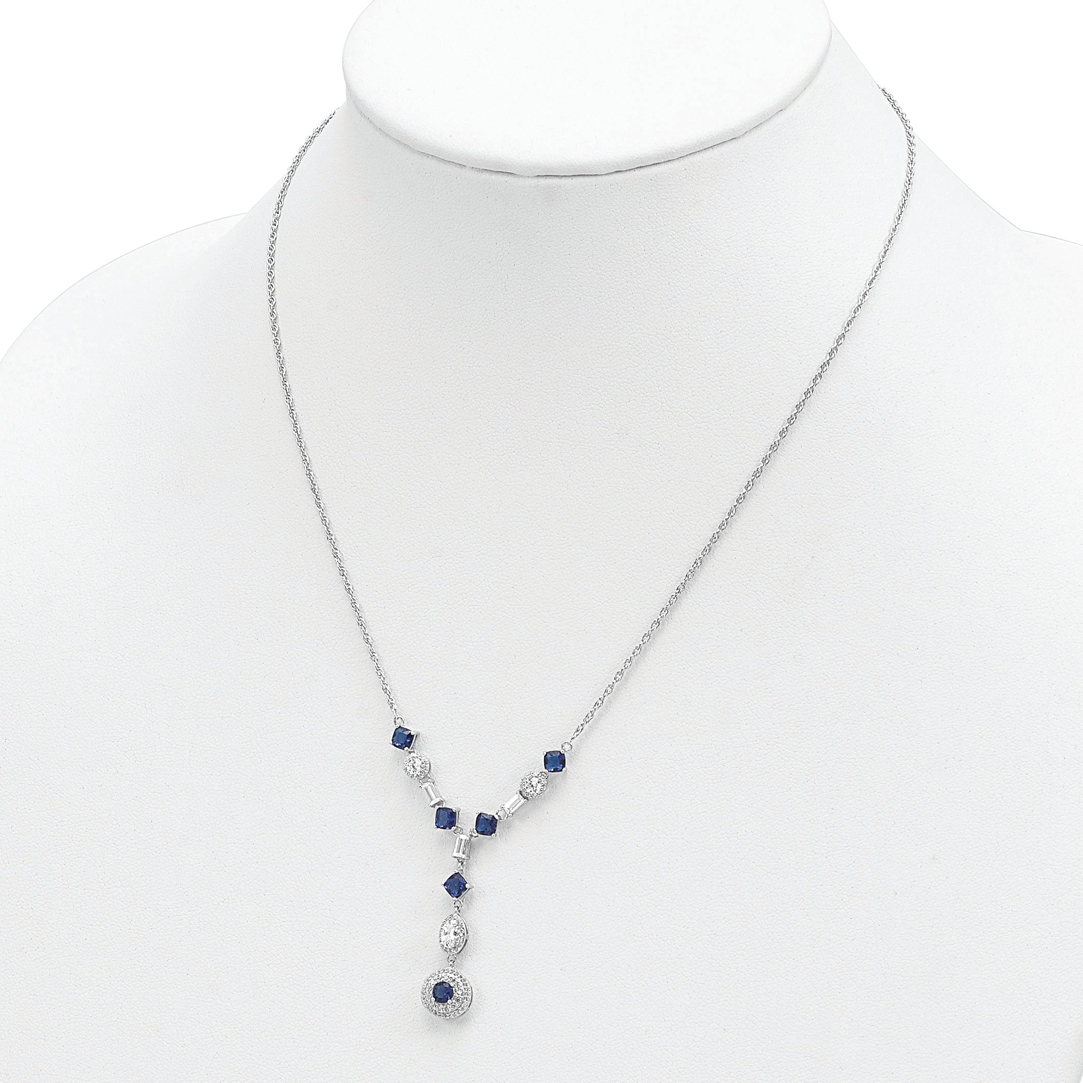 Sterling Silver Cheryl M Rhod-pltd Blue Glass & CZ Y-Drop Necklace