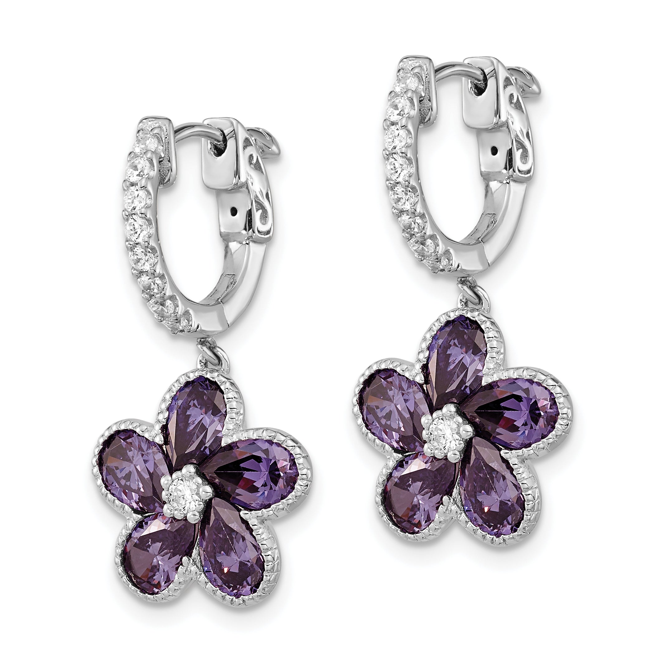 SS Cheryl M Rhod-pl Purple & White CZ Flower Hoop Dangle Earrings