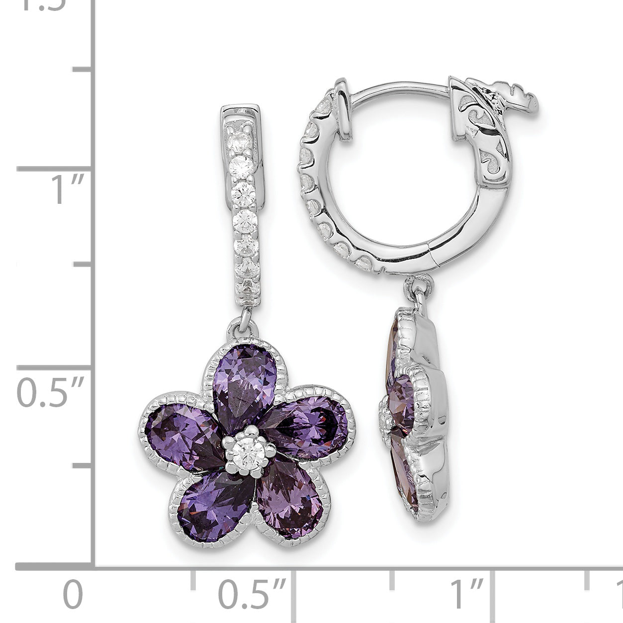 SS Cheryl M Rhod-pl Purple & White CZ Flower Hoop Dangle Earrings