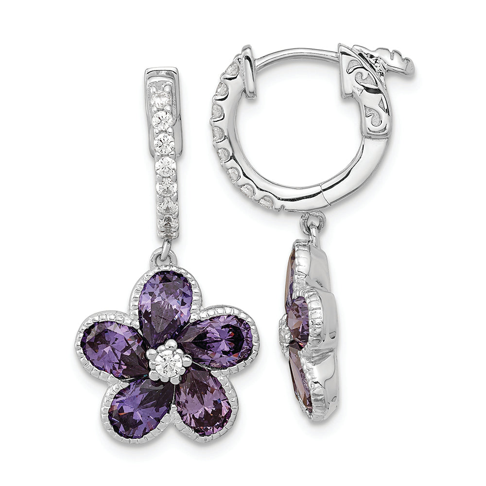 SS Cheryl M Rhod-pl Purple & White CZ Flower Hoop Dangle Earrings