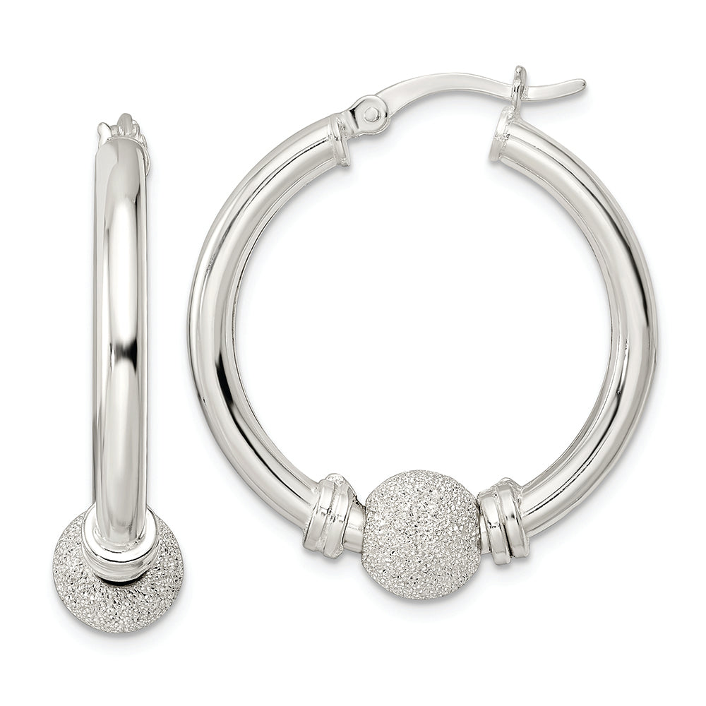 Sterling Silver Polished and Laser Beaded Circle Hoop Earrings