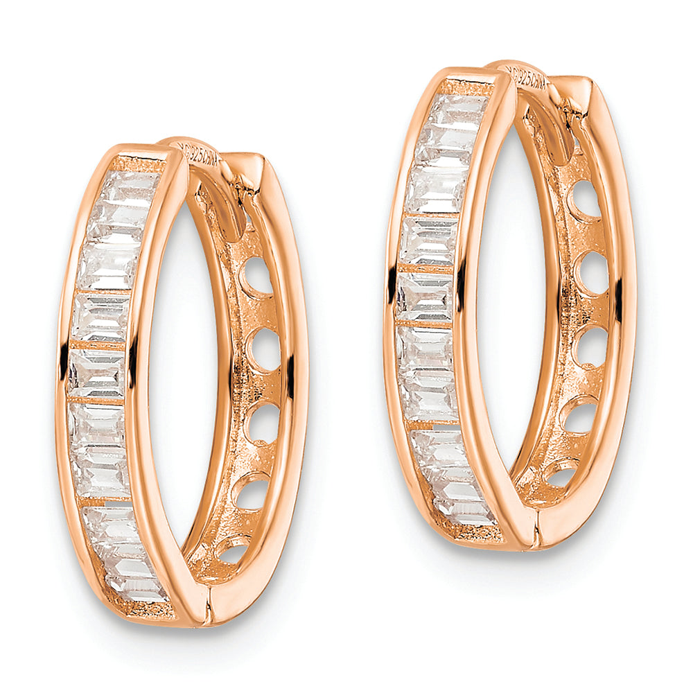 Sterling Silver Polished Rose-tone CZ Hinged Hoop Earrings