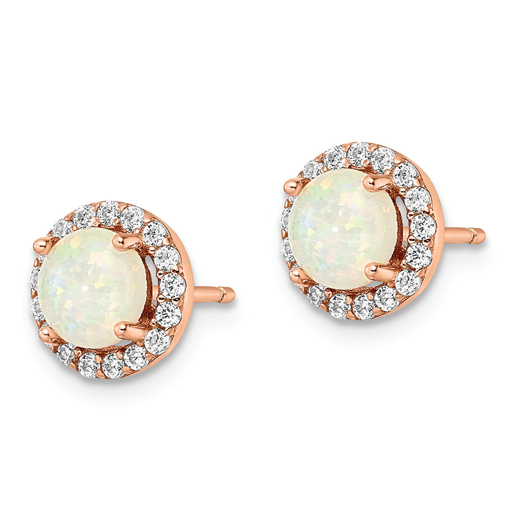 Sterling Silver Rose-tone Polished Created Opal & CZ Halo Post Earring