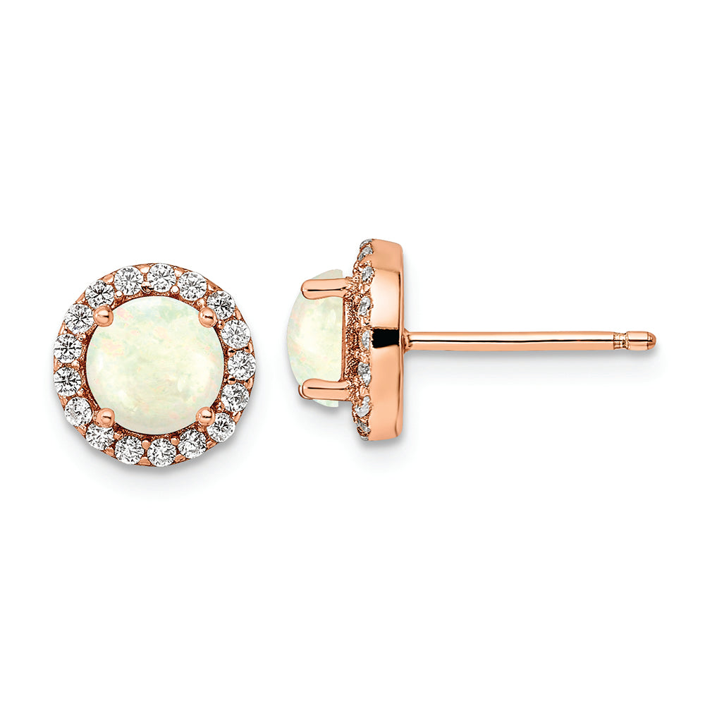 Sterling Silver Rose-tone Polished Created Opal & CZ Halo Post Earring