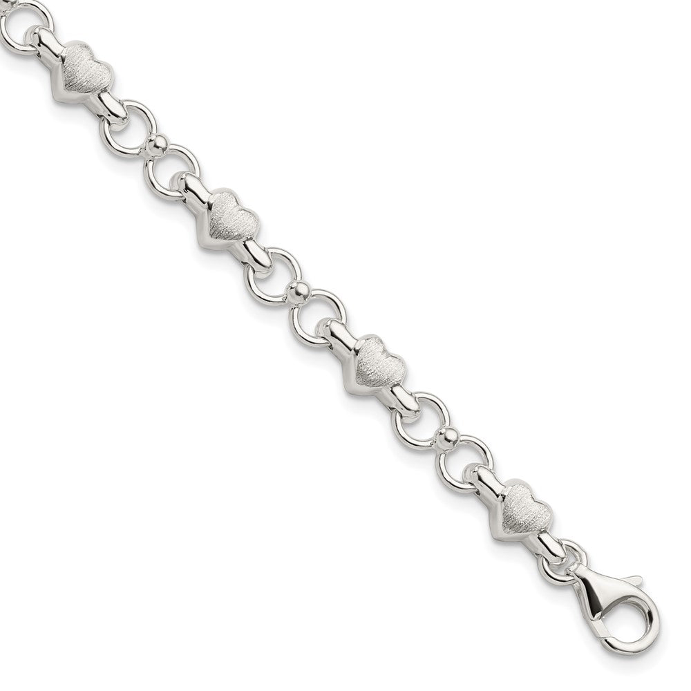 Sterling Silver Satin & Polished Heart Chain Bracelet