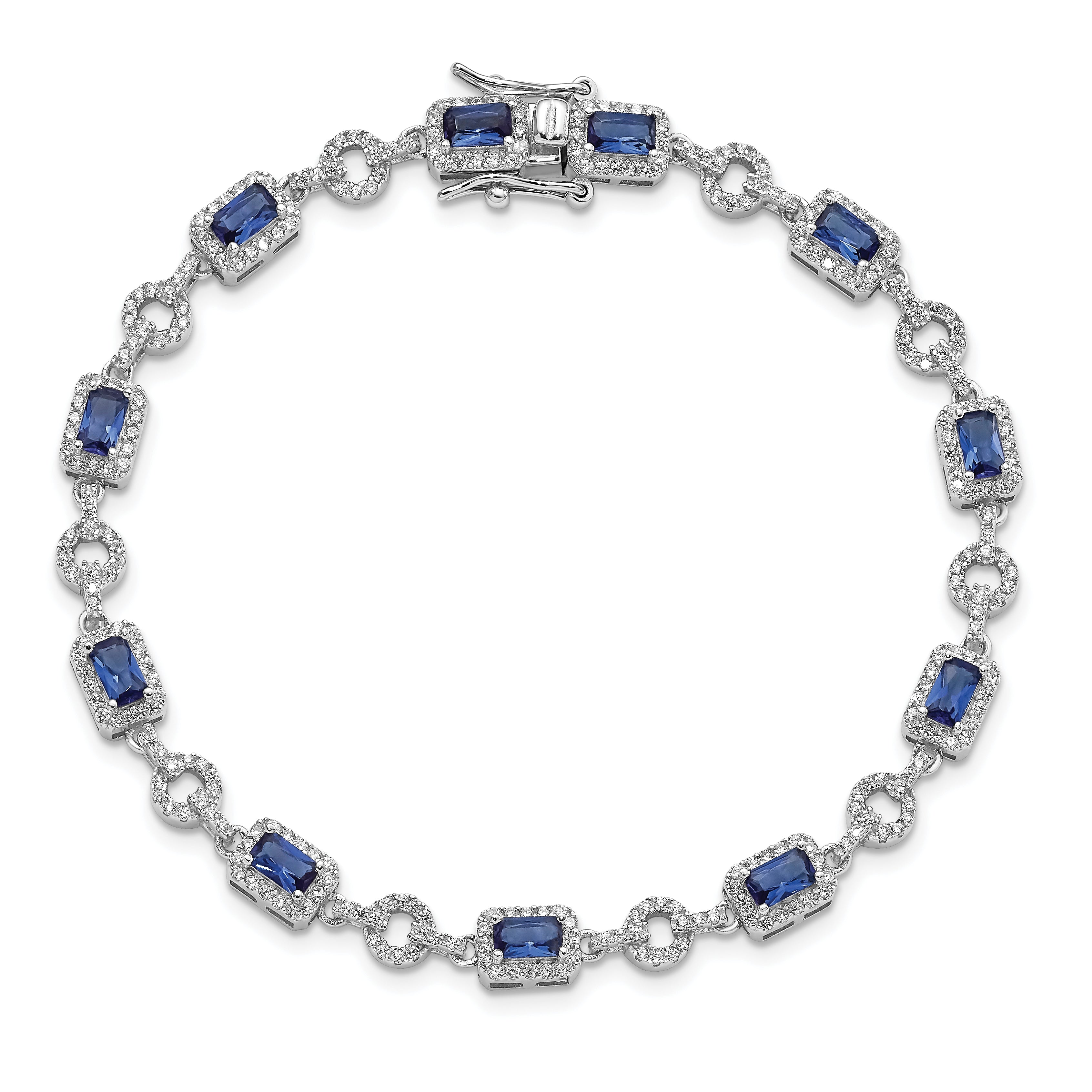 Sterling Silver Rhodium-plated CZ and Blue Glass Stone 7.75 inch Brace