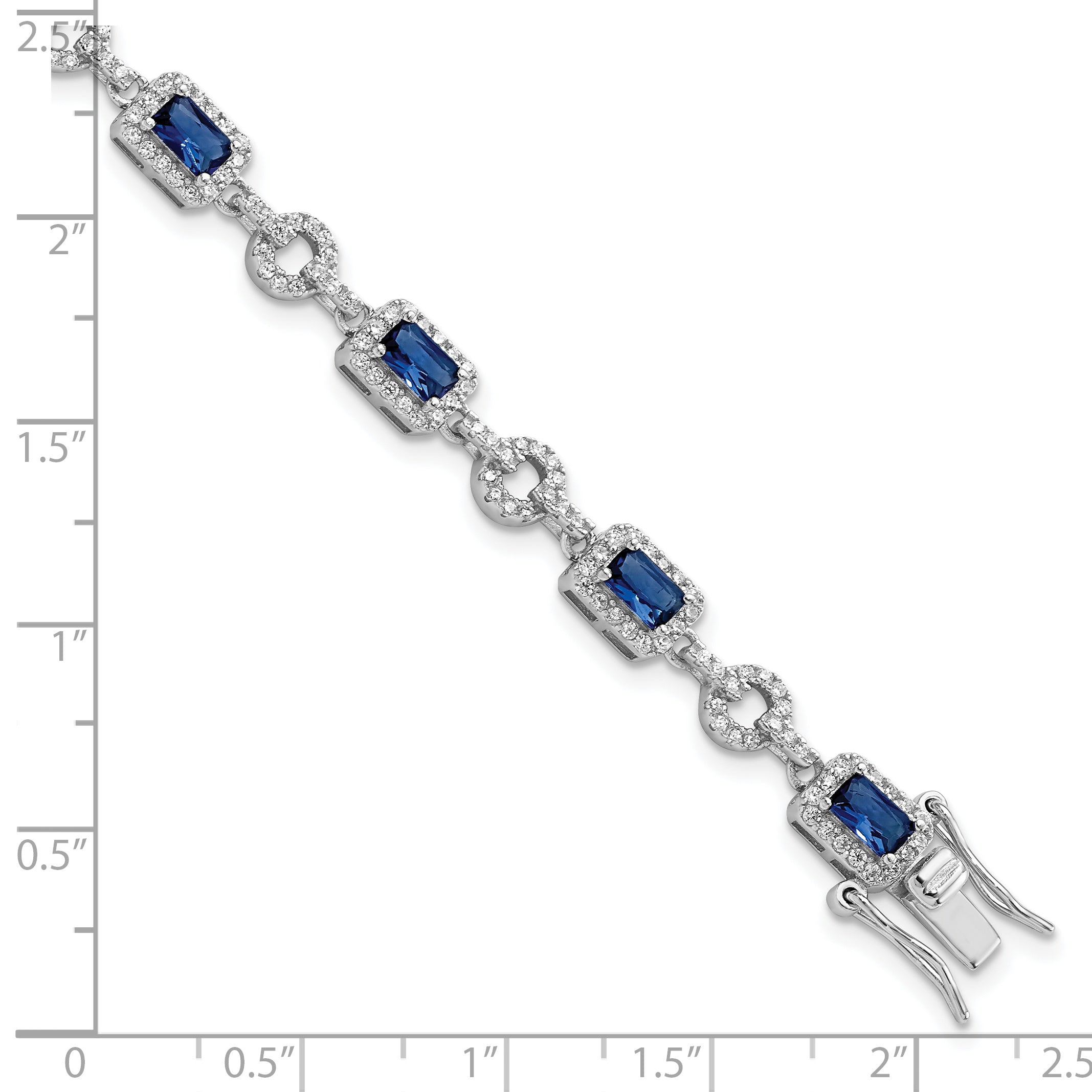 Sterling Silver Rhodium-plated CZ and Blue Glass Stone 7.75 inch Brace