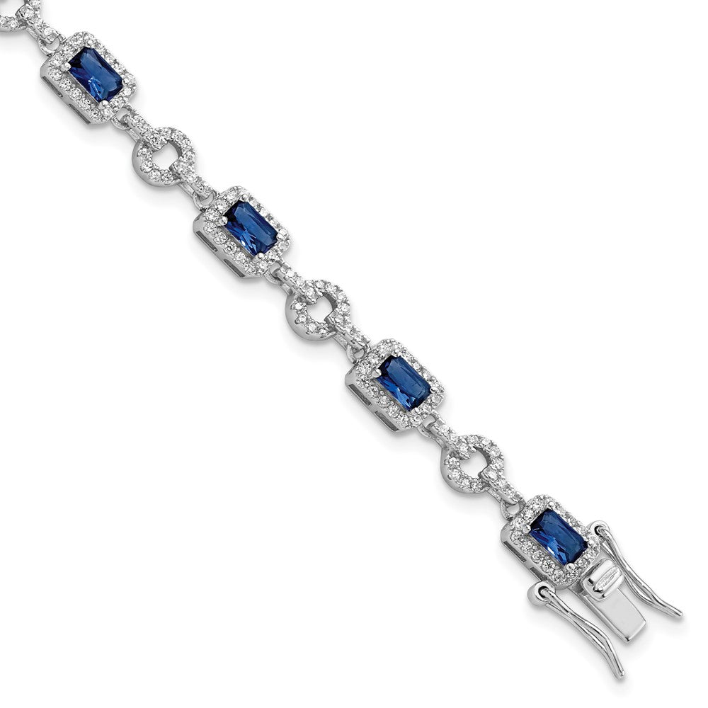 Sterling Silver Rhodium-plated CZ and Blue Glass Stone 7.75 inch Brace