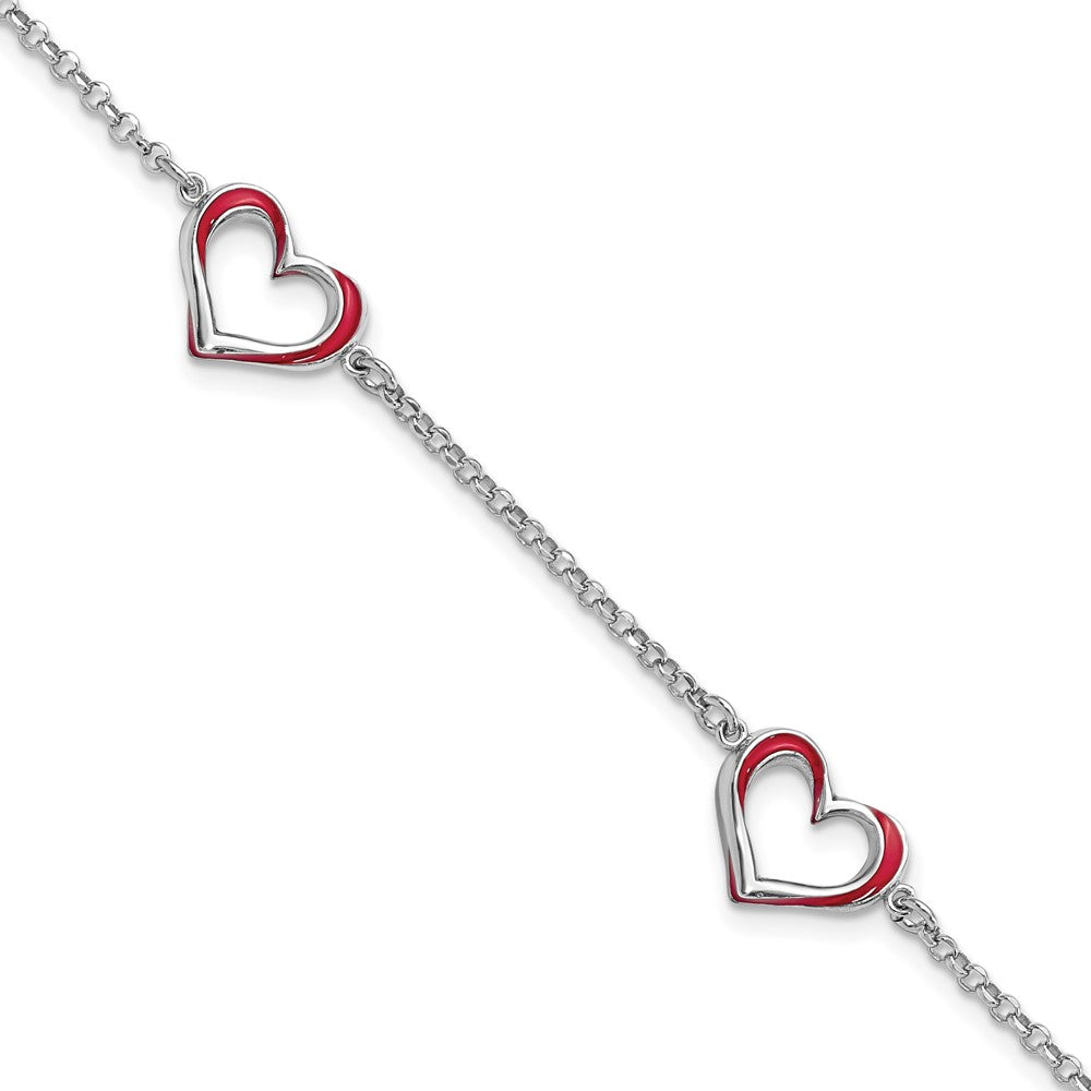 Sterling Silver Rhodium-plated Red Enamel 3-Heart w/.5 in Ext Bracelet