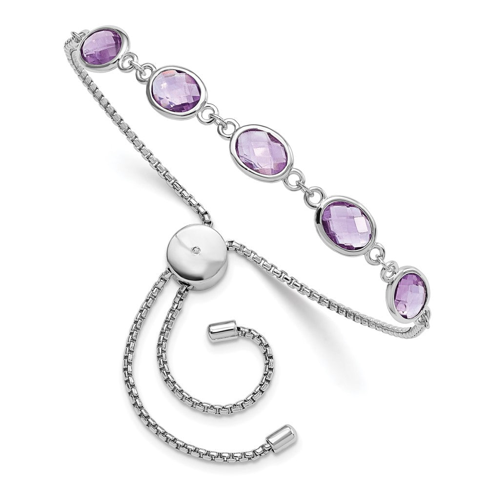 SterlingSilver Rhod-plated Amethyst 7.5AM & CZ Adjustable Bracelet