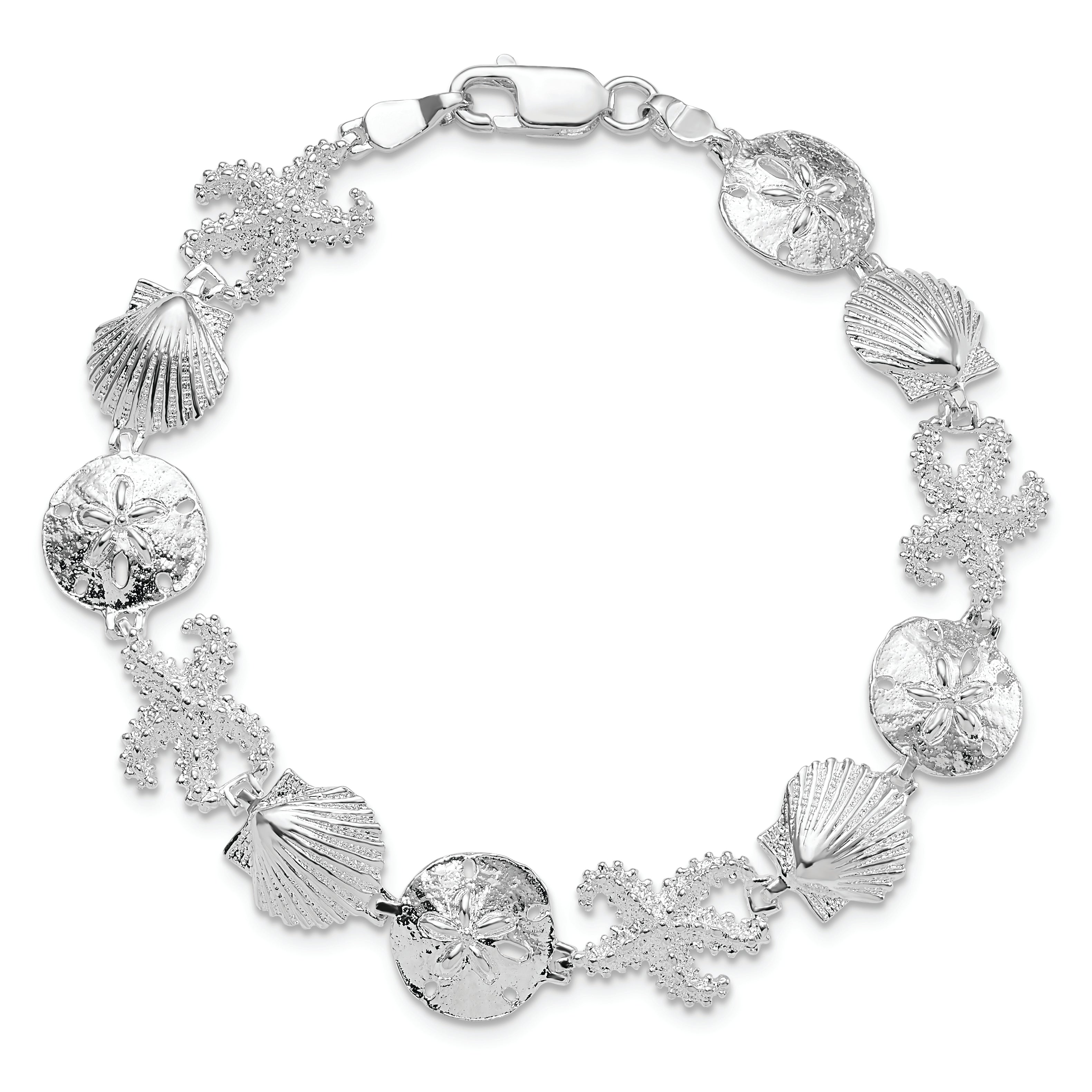 Sterling Silver Rhod-plated Polished Starfish,Shell,Sand Dollar Bracel