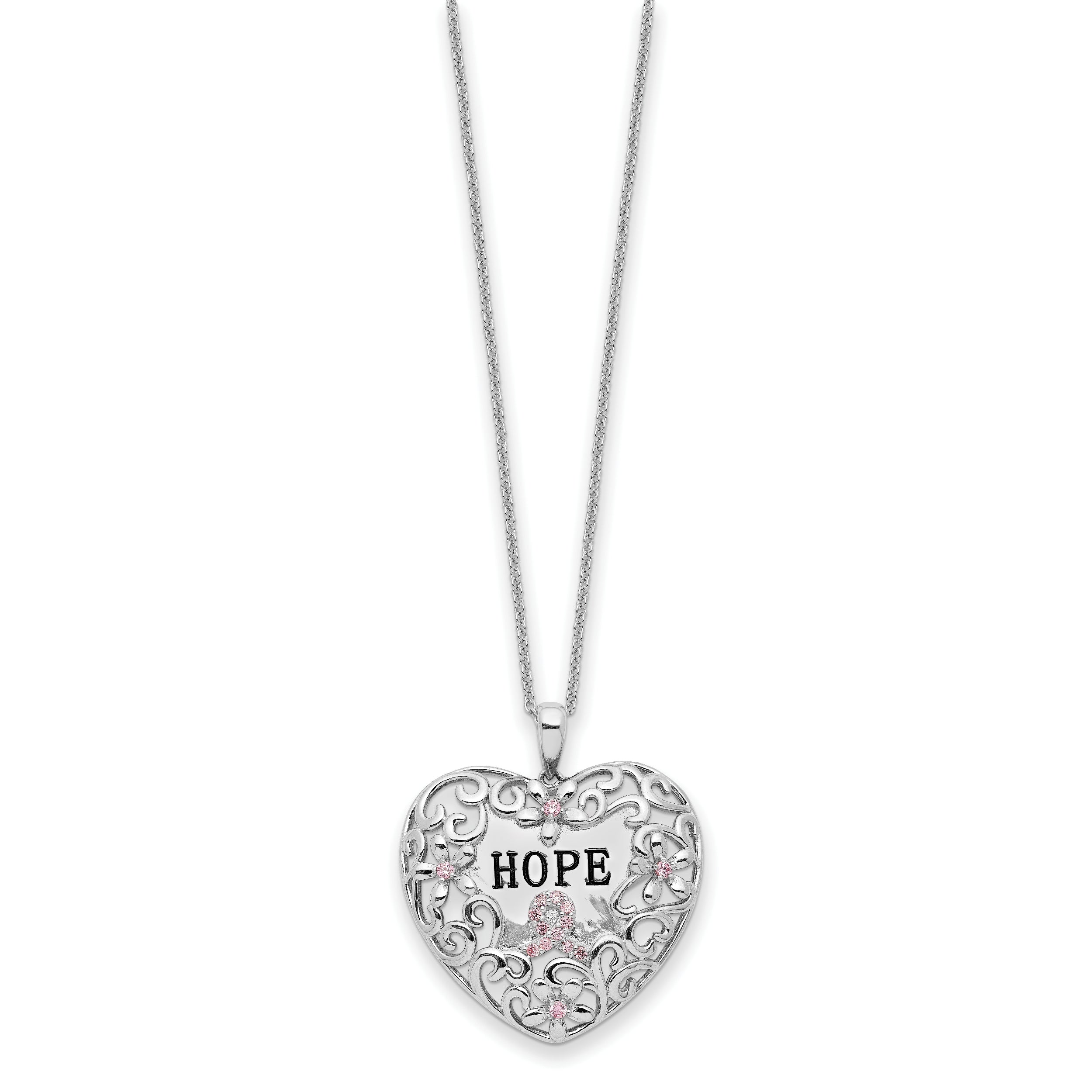 Sterling Silver Rhodium-plated Pink CZ Breast Cancer Heart 18in Neckla