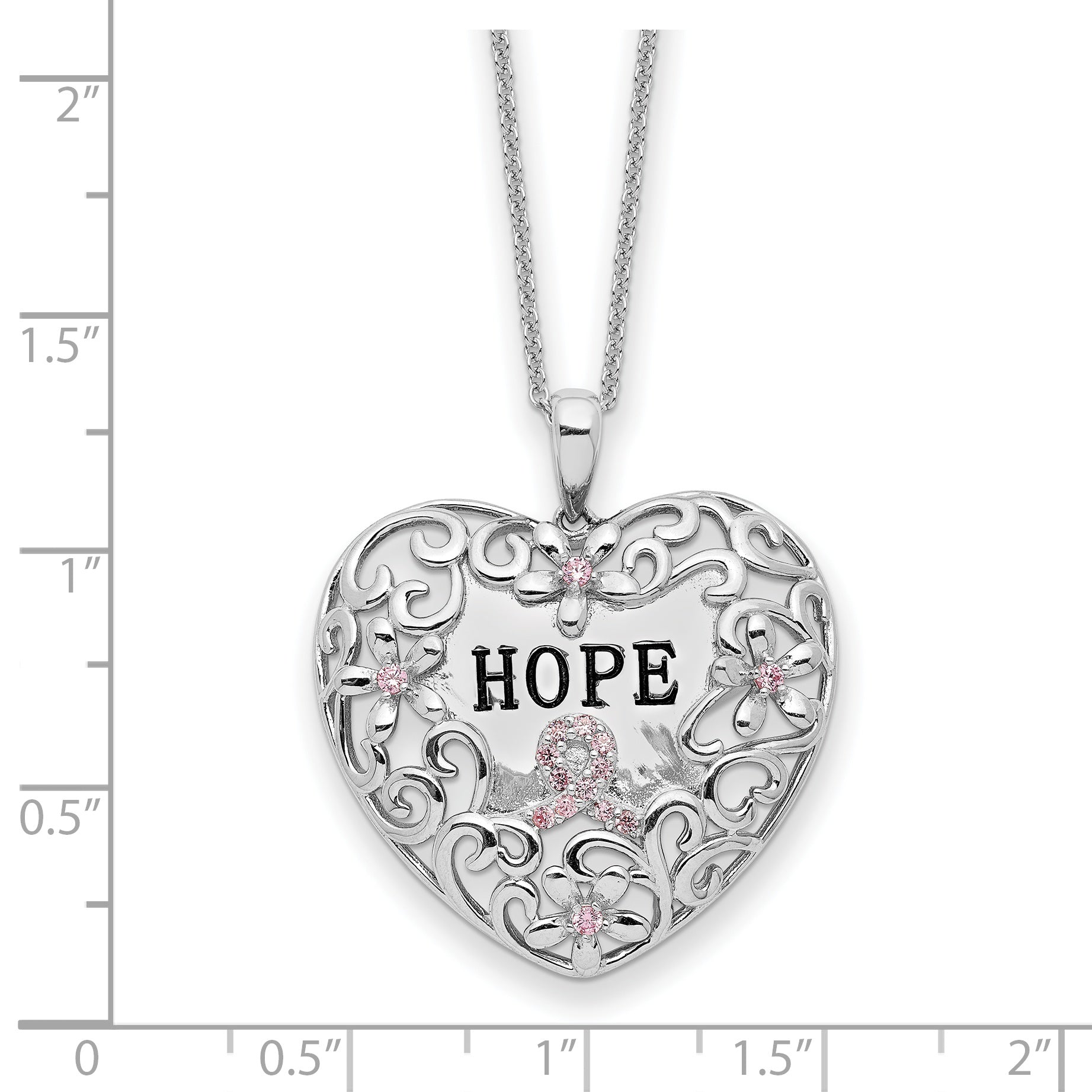 Sterling Silver Rhodium-plated Pink CZ Breast Cancer Heart 18in Neckla