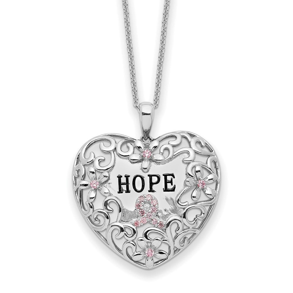 Sterling Silver Rhodium-plated Pink CZ Breast Cancer Heart 18in Neckla